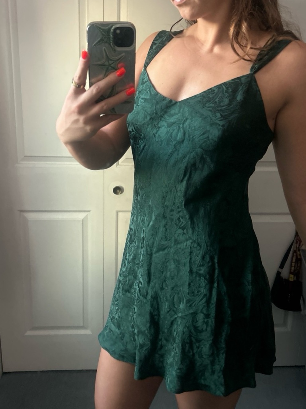 Women's Vintage Emerald Green Silk Jacquard Slip Dress